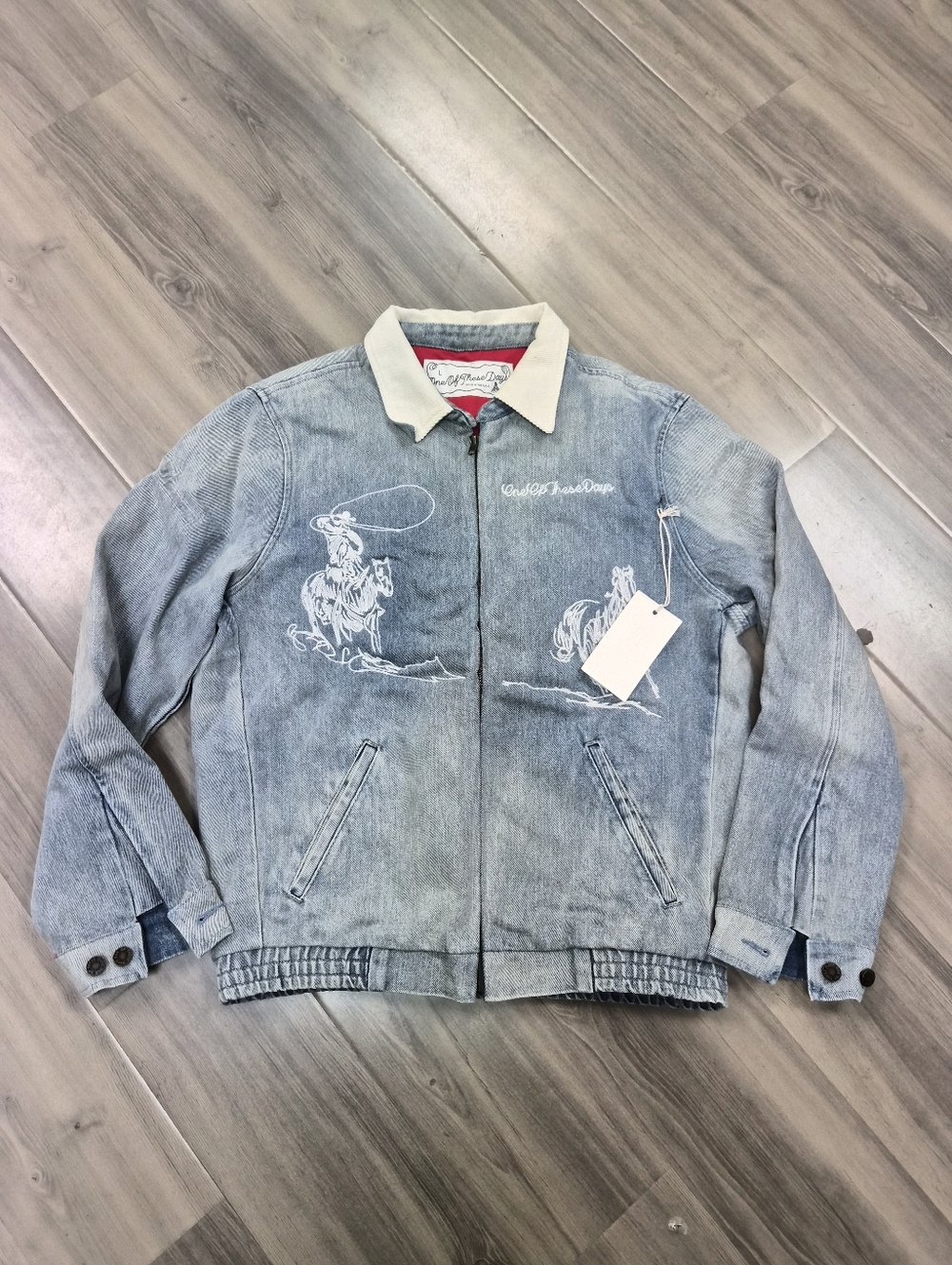 Light Wash Denim Cowboy Embroidered Zip Jacket Chain-Stitched Leisure Jacket